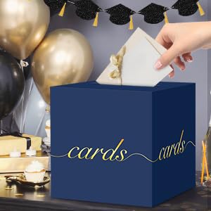 Navy Blue Card Box Gold Foil Wedding Favors Gift Card Boxes Post Box Receiving Money Box Holder for Wedding Reception, Baby Showers, Anniversary, Birthday Party, Retirement, Graduation Envelope Holder - color: Navy Blue and Gold