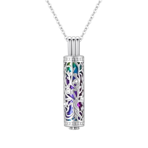 Cylinder Tree of Life Urn Necklace for Ashes Cremation Jewelry Vial Pendant for Women Men Memorial Keepsake for Loved Ones - Always In My Heart - color: Silver-Colorful