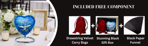 Heart Urn for Sacred Ashes Adult Male Female | Funeral Gift Pack of Dove Painted Small Heart Urn, Display Stand, Velvet Carry Bag, a Paper Funnel with Magnetic Closure Gift Box - color: Blue White-dove-heart