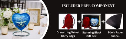 Heart Urn for Sacred Ashes Adult Male Female | Funeral Gift Pack of Dove Painted Small Heart Urn, Display Stand, Velvet Carry Bag, a Paper Funnel with Magnetic Closure Gift Box - color: Blue White-dove-heart