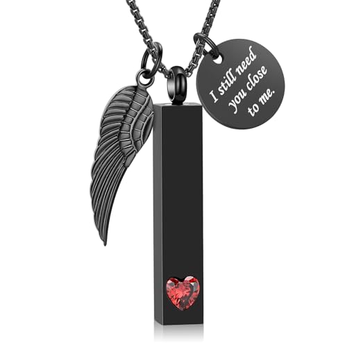 Oinsi Urn Necklaces for Ashes Crystal Cremation Urn Jewelry Birthstone Cube Urns for Human Ashes Memorial Ashes Necklace Pendant Keepsake CZ Bar Urn Locket for Men Women - color: A-Black(Red)