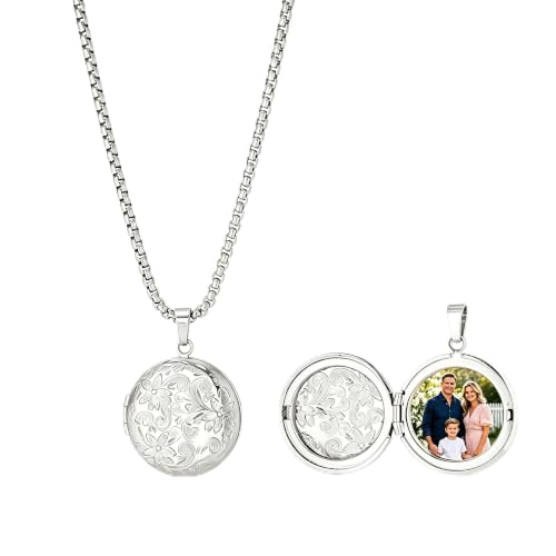 Stainless Steel Photo Locket Necklace for Women, 3mm Box Chain, Personalized Picture Holder Pendant, Waterproof Hypoallergenic Sentimental Jewelry Gift - color: Floral Engraved Round Silver