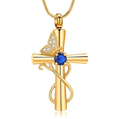 Butterfly Cross Cremation Jewelry Urn Necklaces Cross Butterfly Urn Necklaces for Ashes Memorial Keepsake Pendant for Women Men Gifts With Funnel Kit & Bag - color: Gold+Blue