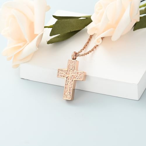shajwo Tree of Life Cross Cremation Jewelry Urn Necklaces for Ashes | Memorial Ashes Pendant Necklace of Loved One Women Men Ashes Keepsake Necklace - color: Rose Gold