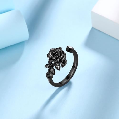 Jewmon Adjustable Flower Rose Ring for Women 925 Sterling Silver/Gold Plated Rose Flower Open Ring Elegant Promise Ring for Women Romantic Jewelry for Birthday Valentine Christmas Day Gifts - color: C,Rose Ring - Black Gold Plated