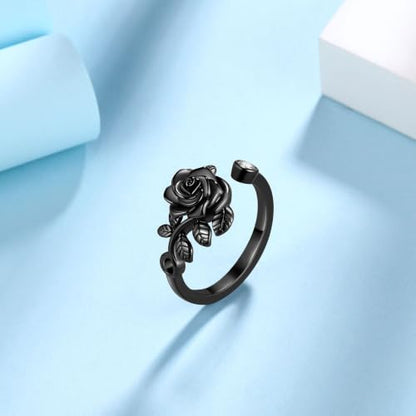 Jewmon Adjustable Flower Rose Ring for Women 925 Sterling Silver/Gold Plated Rose Flower Open Ring Elegant Promise Ring for Women Romantic Jewelry for Birthday Valentine Christmas Day Gifts - color: C,Rose Ring - Black Gold Plated