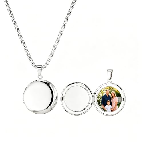 Stainless Steel Photo Locket Necklace for Women, 3mm Box Chain, Personalized Picture Holder Pendant, Waterproof Hypoallergenic Sentimental Jewelry Gift - color: Plain Smooth Round Silver