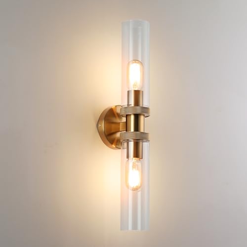 2 Light Bathroom Vanity Light Brushed Brass, Bathroom Light Fixtures Side Mirror, Vintage Wall Lamp for Bedroom, Modern Bedroom Vanity Lighting Fixtures with Glass Shade - color: Brushed Brass