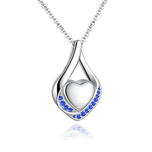 Cremation Jewelry 925 Sterling Silver Teardrop Urn Necklace for Ashes Heart Shape Memorial Keepsake Pendant for Human Ashes for Women Gift - color: M White Gold - Blue CZ