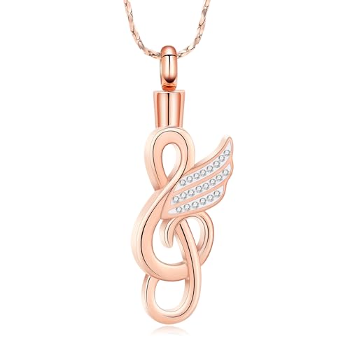 Imrsanl Music Note Urn Necklace for Ashes Musical Symbol with Wing Memorial Pendant Cremation Jewelry for Women Men Ashes Holder Funeral Keepsake - color: Rose Gold