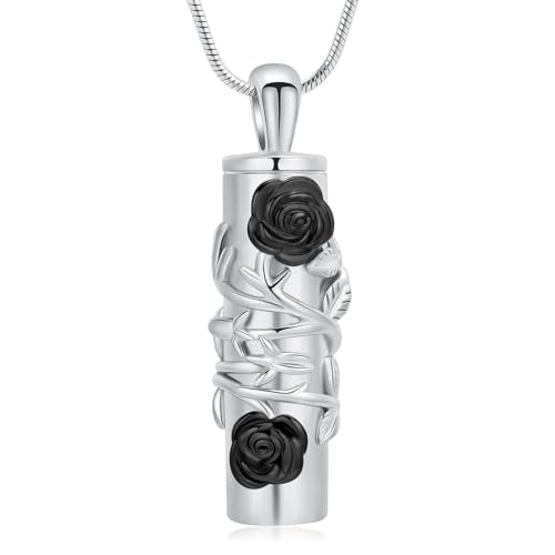 Cylinder Urn Necklace for Ashes Roseflower Cremation Jewelry Urn Ashes Necklace for Women Men Memorial Keepsake Necklace of Loved One - color: Silver-Black