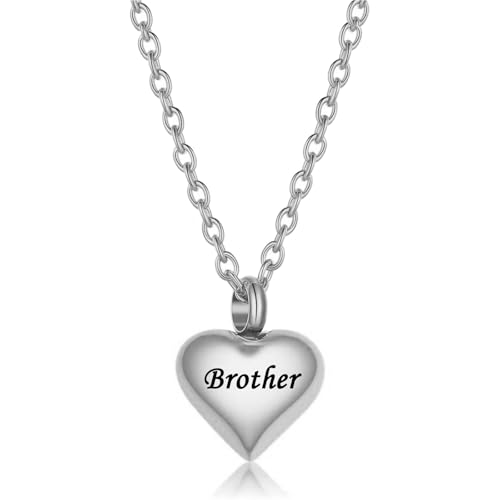 Cremation Jewelry Small Heart Urn Necklace Ashes for Women Men Keepsake Pendant Memorial Human Ash Holder - color: Silver Brother
