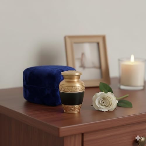 Gray Comet Small Keepsake Cremation Urns for Human Ashes with Velvet Heart Case and Funnel - Beautiful Peaceful Gold & Black Hand Engraved Mini Memorial Urn