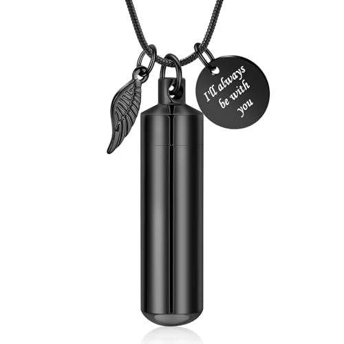 Cylinder Urn Necklace for Ashes with Glass Vials Cremation Jewelry Stainless Steel Ash Holder Keepsake Memorial Jewelry with Fill Tool - color: Black-B
