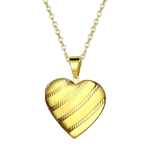 OIDEA Locket Necklace for Women: Gold Photo Lockets that Hold Picture Stainless Steel Necklace with Picture Inside Birthday Mothers Day Jewelry Gifts for Womens - color: stripes heart - gold