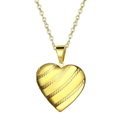 OIDEA Locket Necklace for Women: Gold Photo Lockets that Hold Picture Stainless Steel Necklace with Picture Inside Birthday Mothers Day Jewelry Gifts for Womens - color: stripes heart - gold