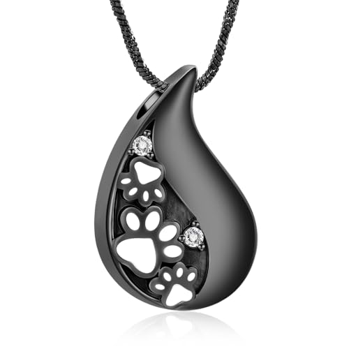 Yinplsmemory Pet Paw Print Teardrop Urn Necklace for Ashes for Dog/Cat Ashes Keepsake Memorial Pet Cremation Jewelry - color: Black