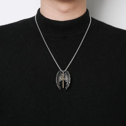 HZMAN Angel Wing Necklace for Men Women Stainless Steel Gothic Punk Angel Wing Cross/Angel Pendant Faith Amulet Jewelry Gift - color: Cross