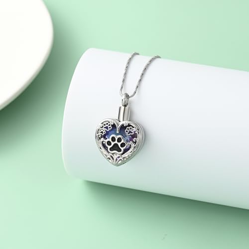 Yinplsmemory Pet Urn Necklace Pendant Jewelry for Dog Cat Memorial Crystal Heart Cremation Jewelry with Paw Print Ashes Keepsake Funeral Jewelry - color: Silver-purple
