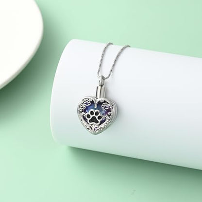 Yinplsmemory Pet Urn Necklace Pendant Jewelry for Dog Cat Memorial Crystal Heart Cremation Jewelry with Paw Print Ashes Keepsake Funeral Jewelry - color: Silver-purple