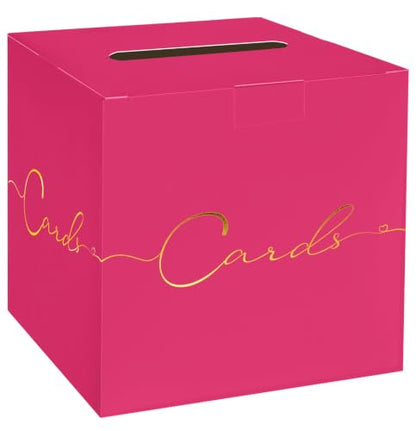 HEIPINIUYE Hot Pink Wedding Card Box with Gold Foil 9.8" x 9.8" Pink Large Gift Card Box for Party Wedding Reception Graduation Birthday Baby Shower Cardboard Raffle Envelope Box with Slot - color: Hot Pink Card Box with Gold Foil