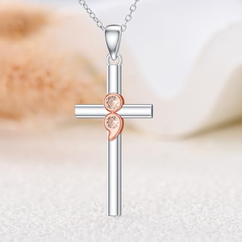 PROESS Cross Necklace for Women Men Sterling Silver Rose/Sunflower Cross Pendant Religious Jewelry Christmas Birthday Mothers' Day Gifts - color: 07-Semicolon