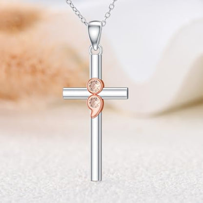PROESS Cross Necklace for Women Men Sterling Silver Rose/Sunflower Cross Pendant Religious Jewelry Christmas Birthday Mothers' Day Gifts - color: 07-Semicolon