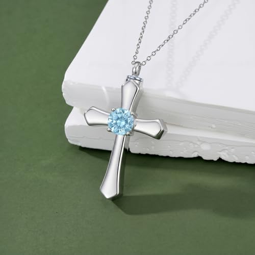 YYB Urn Necklace for Ashes Women Heart Birthstone Cross Cremation Jewelry | Memorial Keepsake Funeral Jewelry for Loved Ones (with Funnel Filler) - color: 03--Aquamarine March