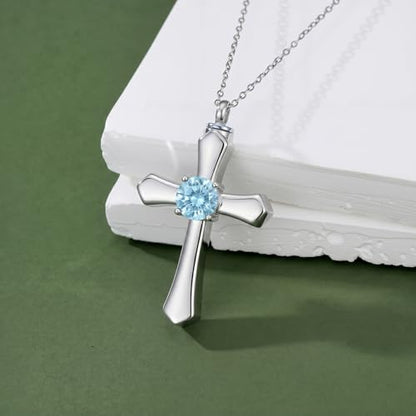 YYB Urn Necklace for Ashes Women Heart Birthstone Cross Cremation Jewelry | Memorial Keepsake Funeral Jewelry for Loved Ones (with Funnel Filler) - color: 03--Aquamarine March