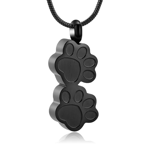 Pet Urns For Dogs/Cats - Pet Ashes Necklace - Paw Print Urn Necklace with Mini Keepsake Urn Memorial Ash Jewelry - color: Black