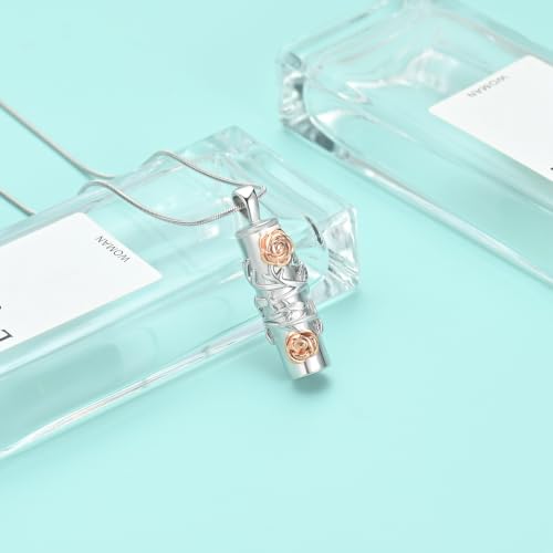 Cylinder Urn Necklace for Ashes Roseflower Cremation Jewelry Urn Ashes Necklace for Women Men Memorial Keepsake Necklace of Loved One - color: Silver-Rosegold