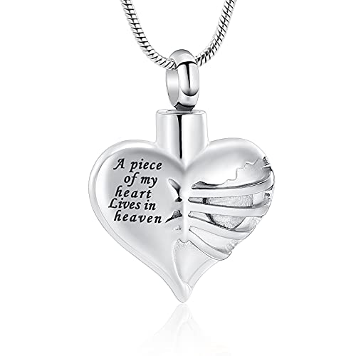 Imrsanl Heart Cremation Urn Necklace Pendant for Human Ashes - A Piece of My Heart Lives in Heaven Memorial Keepsakes Cremation Jewelry - color: Silver
