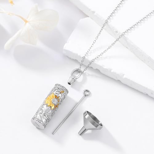 925 Sterling Silver Urn Necklace for Ashes, Teardrop/Tree of Life/Sunflower/Dragonfly/Sea Turtle/Celtic Knot/Elephant/Hummingbird Memorial Cremation Pendant Necklaces for Animal Human Ashes - color: B: Sunflower
