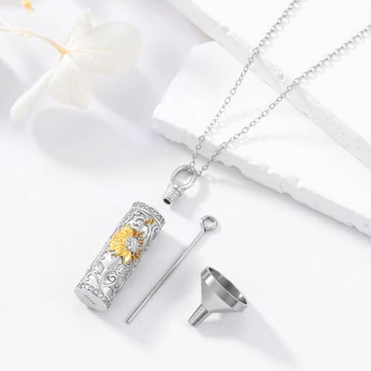 925 Sterling Silver Urn Necklace for Ashes, Teardrop/Tree of Life/Sunflower/Dragonfly/Sea Turtle/Celtic Knot/Elephant/Hummingbird Memorial Cremation Pendant Necklaces for Animal Human Ashes - color: B: Sunflower