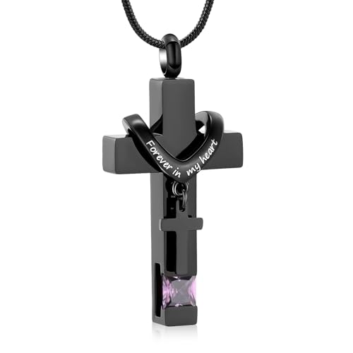 Cross Cremation Jewelry Urn Necklace for Human Ashes for Women Men Memorial Ashes Keepsake Birthstone Pendant - color: Black-Purple