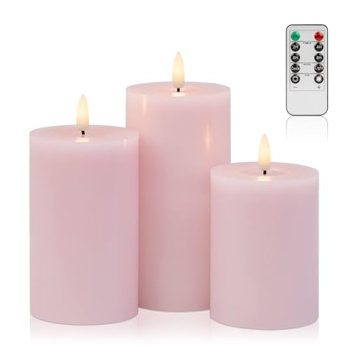 ANGELLOONG Pink Flameless Candles with Remote for Home Christmas Decor | LED Pillar Candles Battery Operated with Timer, Set of 3 Real Wax Flickering Pink Decor for Bedroom Bathroom Valentines Day - color: Pink