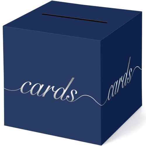 Navy Blue Card Box Silver Foil Wedding Favors Gift Card Boxes Post Box Receiving Money Holder for Wedding Reception, Baby Showers, Anniversary, Birthday Party, Retirement, Graduation Envelope Holder - color: Navy Blue and Silver