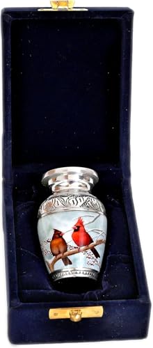 HLC Beautiful Small Cardinal Couple Bird Keepsake Urn - Memorial for Human Ashes with Velvet Box Bag - Peaceful Engraved Mini Affordable Urn (4.5 in) (Large) - size: Mini