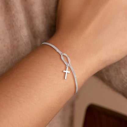 Moodear Cross Bracelet for Women, Dainty Sterling Silver/Gold Plated Gift | Christian Religious Gifts for Teen, Stocking Stuffers, Adjustable Link Bracelets, Sparkling CZ Cross, Non Tarnish Jewelry - color: Snake Silver Knot Cross Bracelet