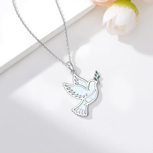 Dove/Hummingbird/Red Cardinal/Dragonfly/Butterfly Necklace 925 Sterling Silver Turquoise/Opal/MoonStone/Crystal/Malachite Bird Necklace Dove Pendant Jewelry for Women Men - color: Dove White Opal