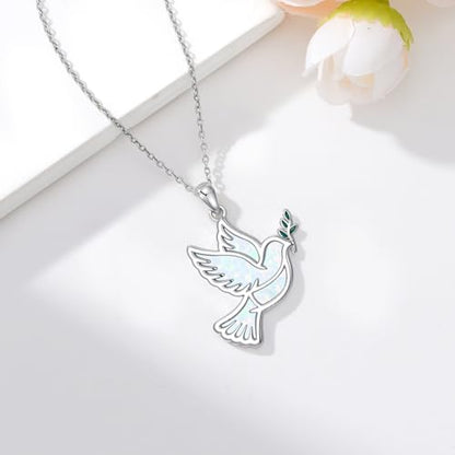 Dove/Hummingbird/Red Cardinal/Dragonfly/Butterfly Necklace 925 Sterling Silver Turquoise/Opal/MoonStone/Crystal/Malachite Bird Necklace Dove Pendant Jewelry for Women Men - color: Dove White Opal
