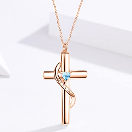 SOULMEET Crystal Cross Necklace for Ashes, Sterling Silver I Love You Forever Birthstone Cross Urn Necklaces for Ashes Keepsake Cremation Jewelry for Pet Human Ashes - style: L-Rose Gold-December