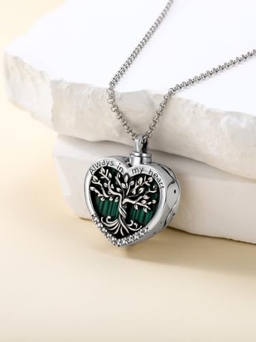 TOUPOP Tree of Life Urn Necklaces for Ashes 925 Sterling Silver Heart Cremation Jewelry Memorial Keepsake Jewelry with Funnel Filler for Women Men - color: A-Heart Tree of Life-Malachite