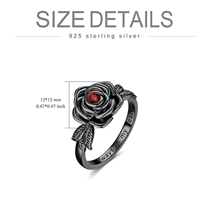 925 Sterling Silver Rose Flower Cremation Urn Ring Holds Loved Ones Ashes Cremation Keepsake Ring Jewelry Embellished with Crystals from Austria - color: Black-Always in my heart