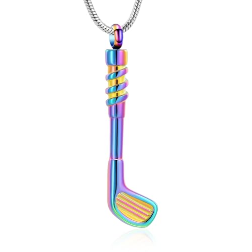 Golf Clubs Urn Necklace for Ashes Sport Cremation Jewelry Stainless Steel Memorial Necklaces Ash Holder for Human Pets Keepsake Jewelry for Loved Ones with Fill Tool - color: Rainbow