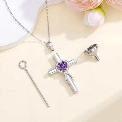 YYB Urn Necklace for Ashes Women Heart Birthstone Cross Cremation Jewelry | Memorial Keepsake Funeral Jewelry for Loved Ones (with Funnel Filler) - color: 02-Feb-Amethyst