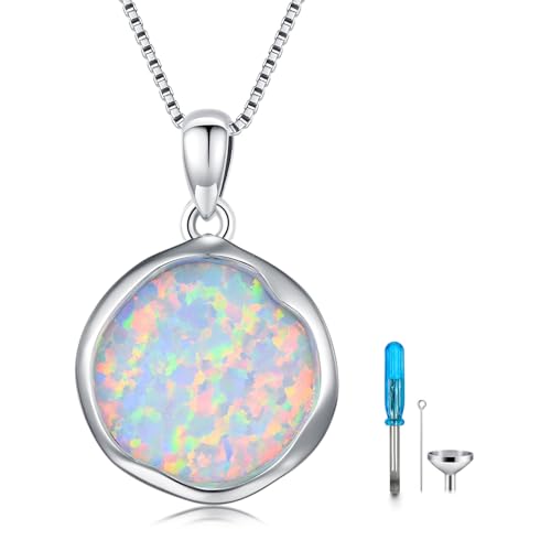 Urn necklace for Ashes 925 Sterling Silver Opal/Turquoise/Moonstone/Moss agate Pendant Cremation Memory Jewelry Keepsake Gifts for Women - style: Opal-round