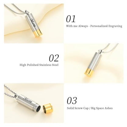 Oinsi Shotgun Shell Cremation Jewelry Urn Necklace For Ashes Of Loved Ones -Dad/Mom/Son/Grandma/Grandpa Cylinder Memorial Locket Pendant Necklace - color: Mom