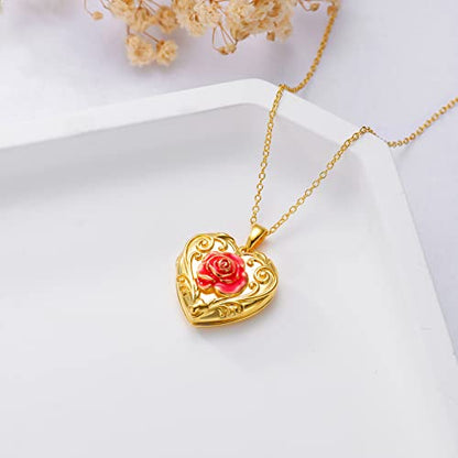 SOULMEET Sunflower/Rose/Daisy Heart Locket Necklace That Holds Pictures Keep Someone Near to You Sterling Silver/Gold Personalized Photo Locket Gift - style: A4-Gold enamel rose locket+photo