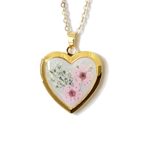 Handmade Heart Shaped Dried Pressed Forget Me Not Flower Photo Locket Pendant Necklace - color: Gold, style: PINK+GREY